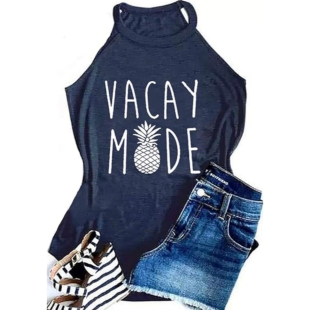 Graphic "Vacay Mode" Spaghetti Halter Tank Top Charcoal Gray Sz S